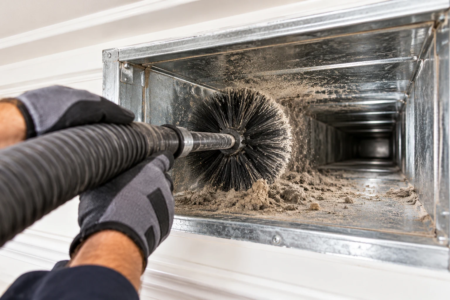 Technician cleaning an air duct with a rotary brush and vacuum hose