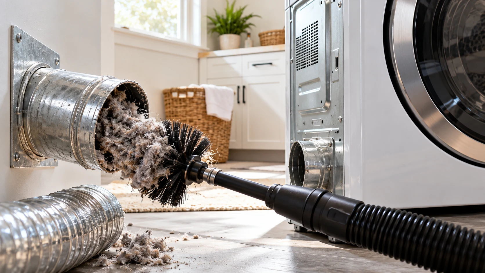 Rotary brush pulling lint from a dryer vent
