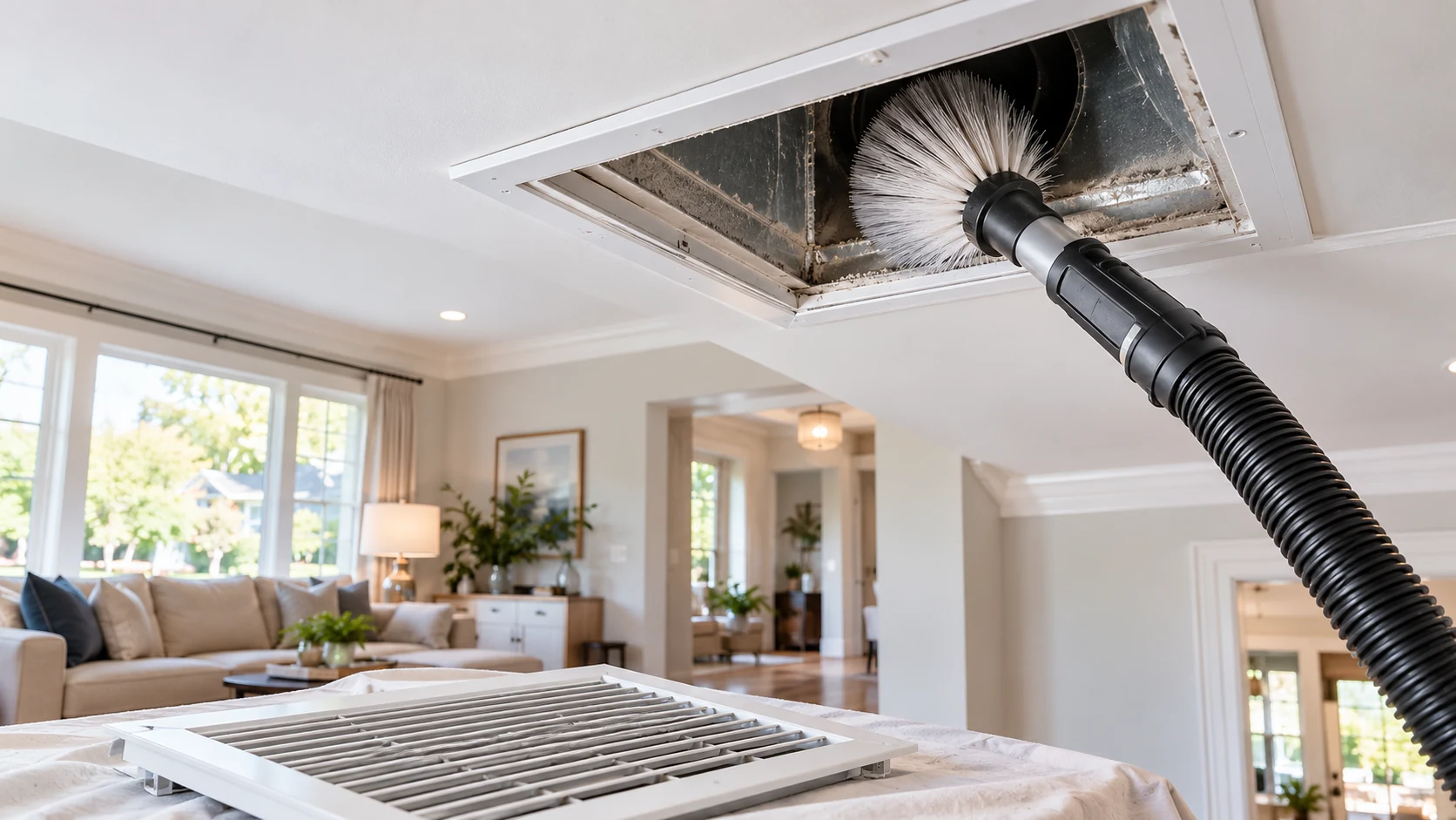 Duct cleaning technician running a brush through a ceiling vent in a bright living room