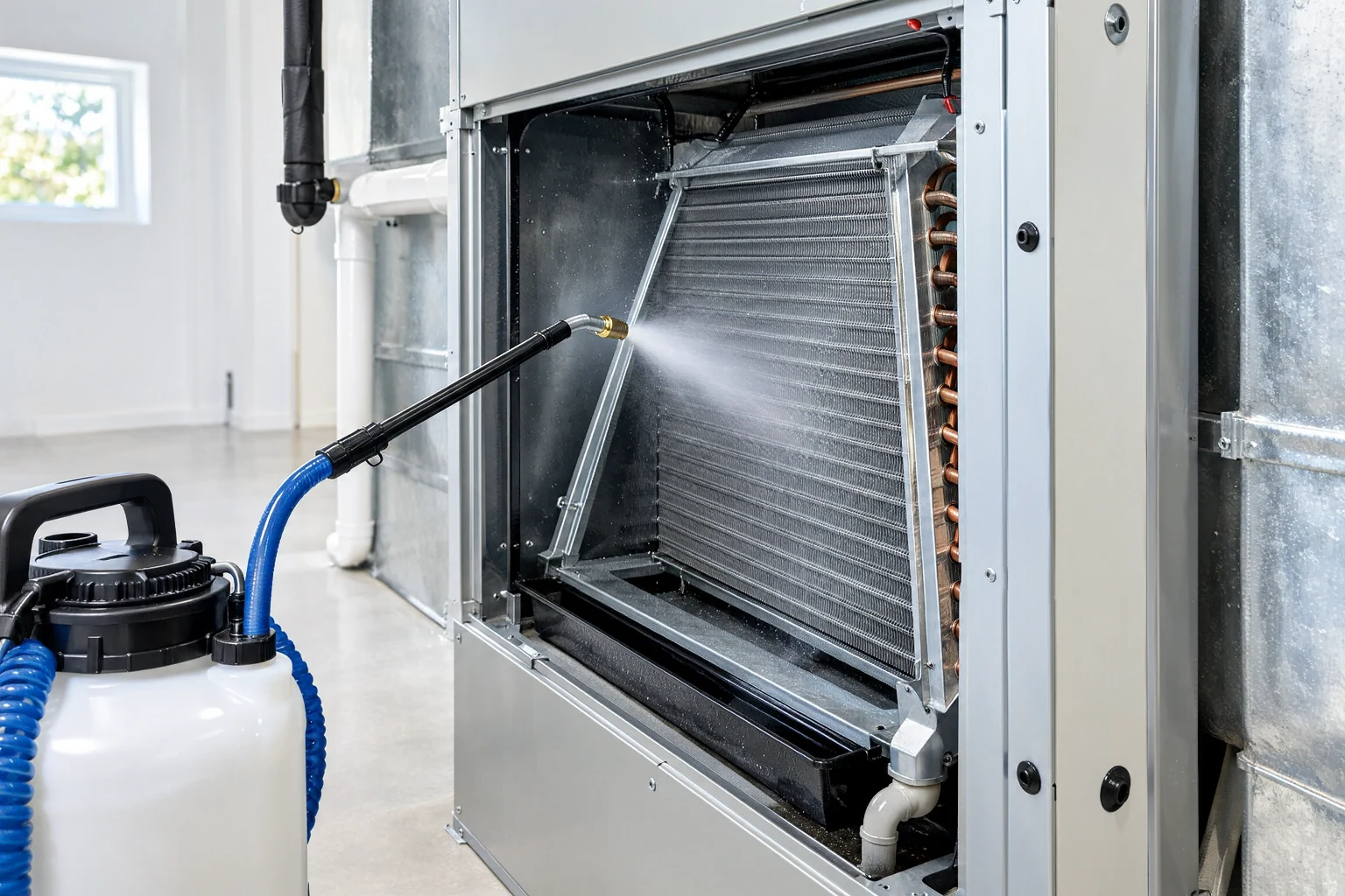 Spray-cleaning an HVAC coil inside an air handler