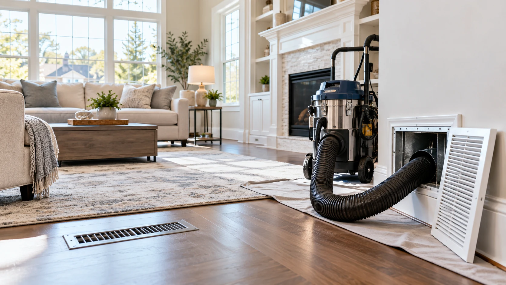 Negative-air vacuum connected to a return vent during duct cleaning